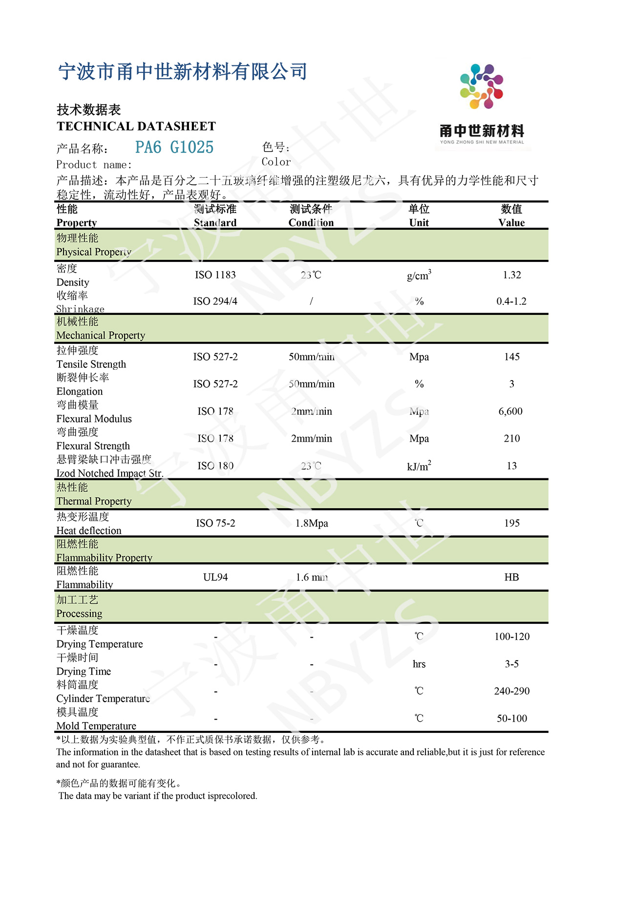 PA6 G1025技術數(shù)據(jù)表