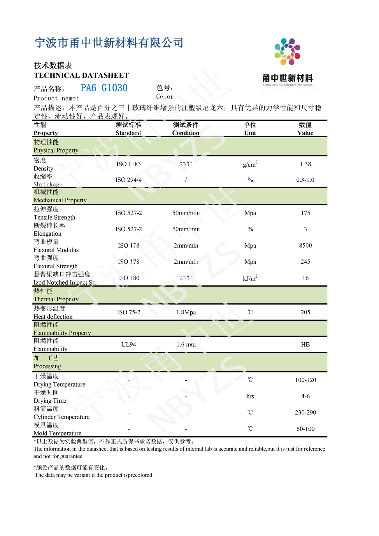 PA6 G1033FA技術數(shù)據(jù)表