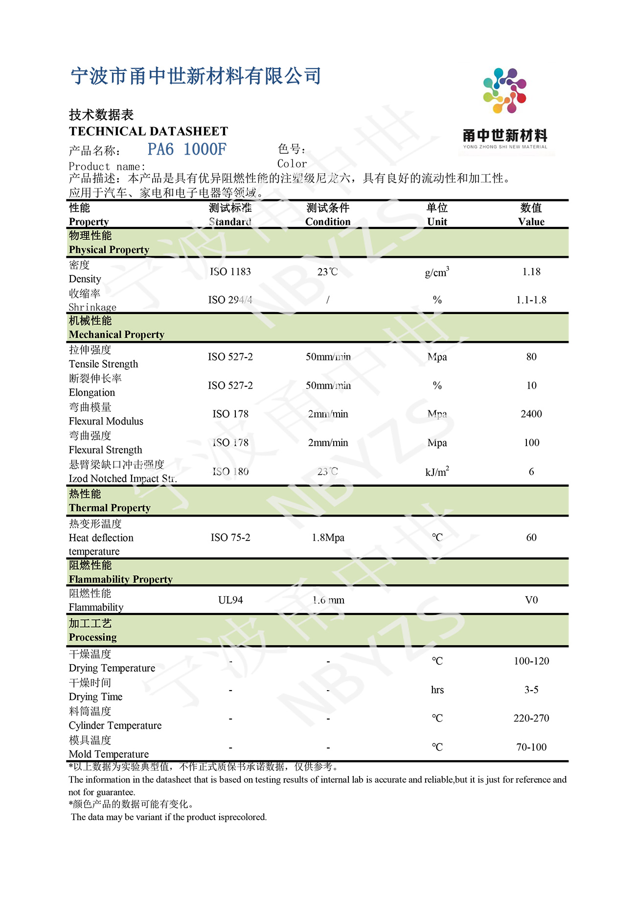 PA6 1000F技術數(shù)據(jù)表